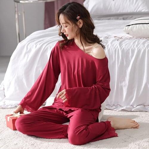 INS Pijamas De Mujer New Modal Cotton Loungewear Pajama Sets Long Sleeve Loose Sleepwear Lace Sexy Pyjamas Women 3XL