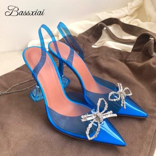Jelly Color PVC Transparent Sandals For Girls Women Clear Goblet Heel Point Toe Jeweled Rhinestone Butterfly-Knot Summer Shoes