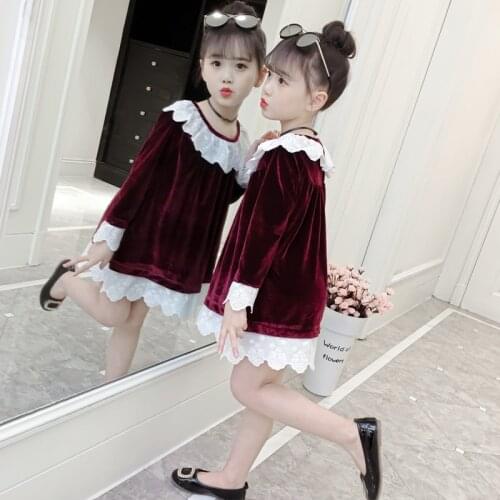Special Offer Girls Long Sleeved Golden Velvet Princess Dresses Baby Kids One Piece Childrens Pleuche Lace Spliced Dress B220