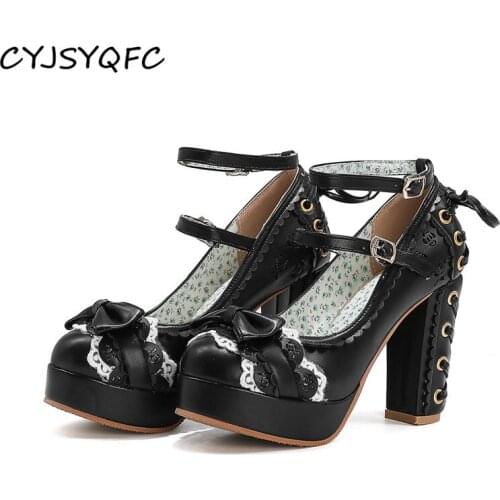 CYJSYQFC Punk Gothic Style Princess Pumps High Heels Platform Shoes For Women Lace Up Bows Heel Design Shoes For Spring Autumn
