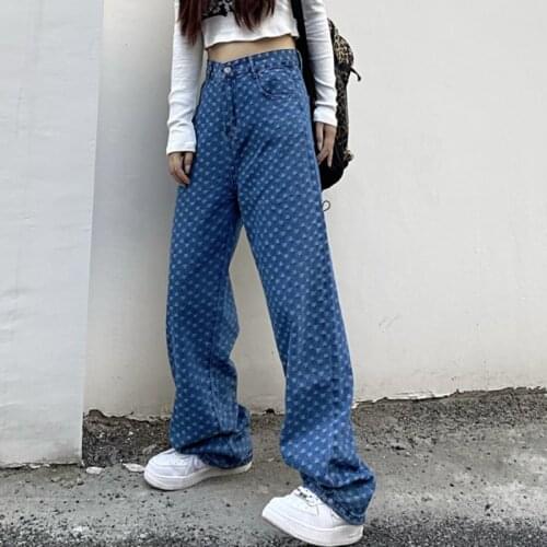JMPRS Vintage Blue Women Jeans High Waist Floral Loose Straight New 2021 Denim Pants High Street Autumn Female Jean Trousers