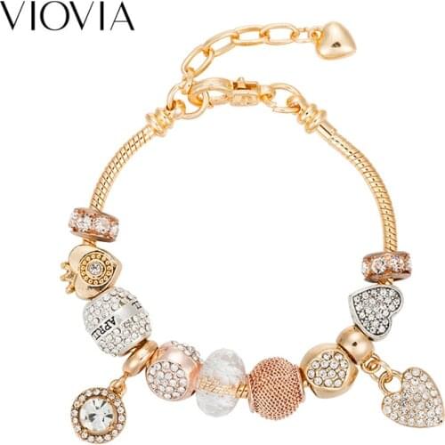 VIOVIA Brand Heart Charm Bracelet for Women White Crystal Beads Bracelets & Bangles DIY Jewelry Gift B19042