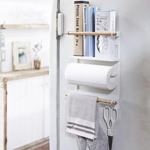 Japanese style Iron Wooden Magnetic Storage Rack Three Layers Shelf Magnetic Adsorption For Refrigerator Home Organizer Towel