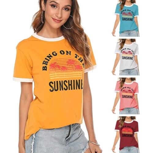 Women Bring On The Sunshine Beach Casual Tee Ladies Vintage Letter Print Streetwear Crew Neck Summer Fashion Tunic Top T-Shirt