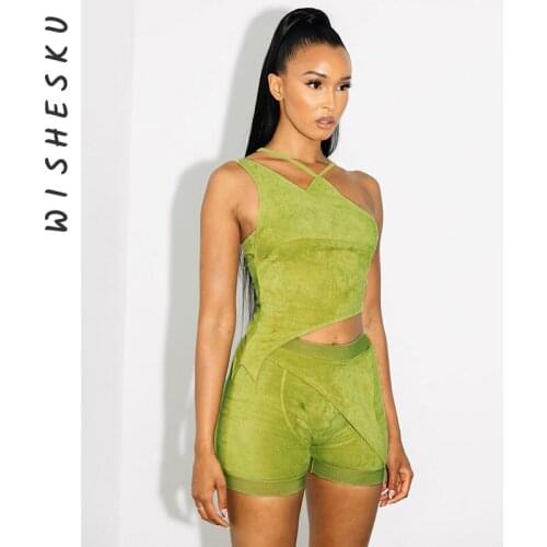 Women Green Two Piece Set Irregular Halter Sexy Backless Camis Top + Patchwork Skinny Shorts 2021 Summer Casual Y2K Clothes