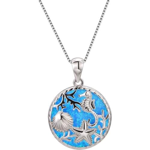 Creative Underwater World Pendants White Blue Opal Necklaces For Women Summer Jewelry 925 Silver Starfish Shell Animal Necklace
