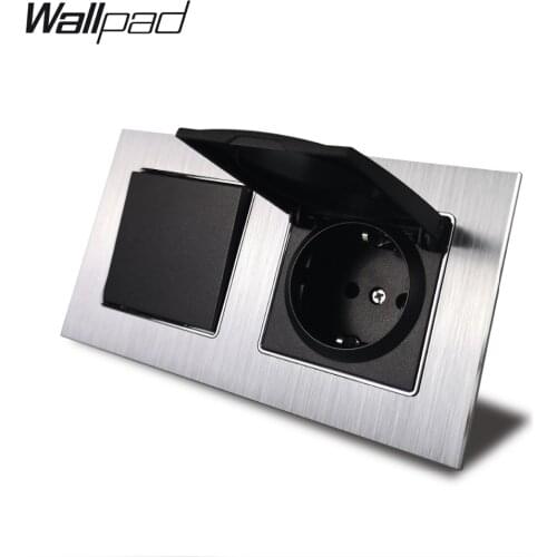 1 Gang 2 Way Light Switch and EU Socket with Dust Cap Wallpad AC Silver Satin Metal Panel 156*86mm 110V-240V