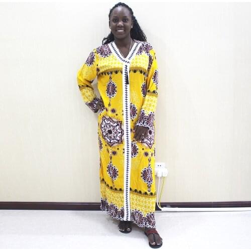 2019 Dashiki Fashion Design 100% Cotton Yellow V-Neck Tassel Applique Casual African Dashiki Long Dress