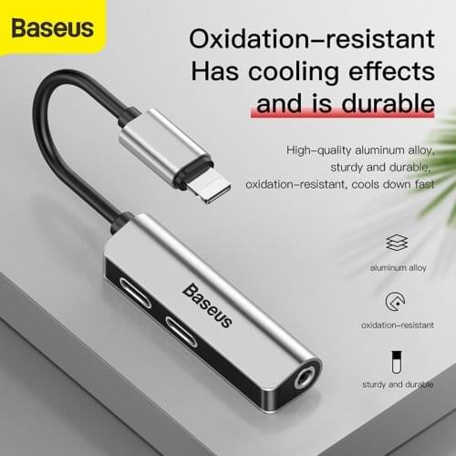 Baseus 3-in-1 Male to Dual & 3.5mm Female Adapter for iPhone L52 Fast Charging Portable Quick Charger Audio Adapter for iPhone