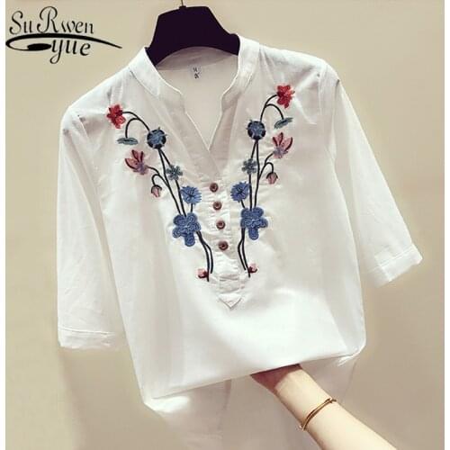 Blusas Mujer De Moda Floral Womens Tops and Blouses Camisas Mujer Embroidery White Elegant Women Shirts 2021 Blouse 3140
