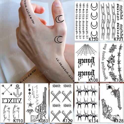 9PC Black Word Chain Moon Flash Tattoo Flower Gun Finger Waterproof Temporary Tatoo Sticker Set Body Art 3D Fake Tatto Man Woman