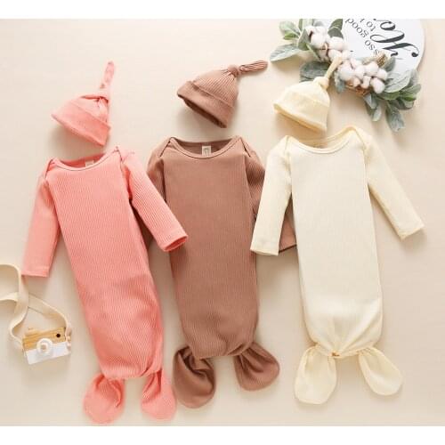Infant Solid Ribbed Sleeping Bag Toddler Newborn Baby Sacks Long Sleeve Blanket Swaddle Wrap+Hat 2pcs Baby Bedding Clothes