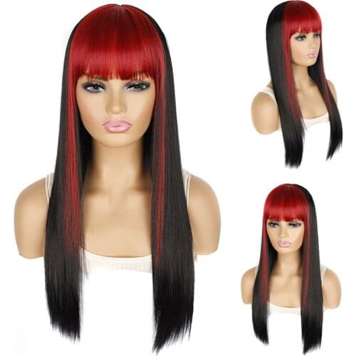 GURUILAGU Long Straight Black Wig With Colored Bangs Synthetic Wigs for Women Cosplay Wig Heat Resistant Fiber Wigs Women