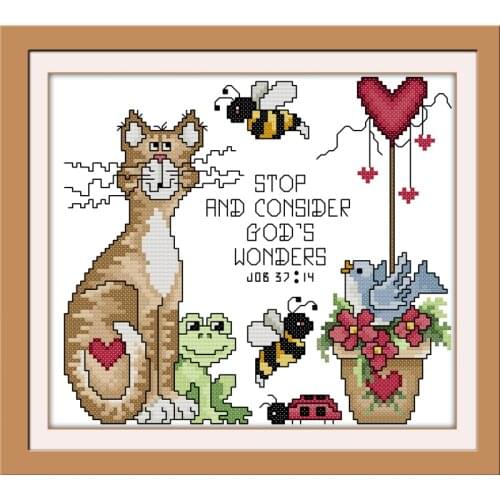 Gods miracle cross stitch kit cat animal 14ct printed canvas full stitch pattern fabric with needles dreamcreate needlework