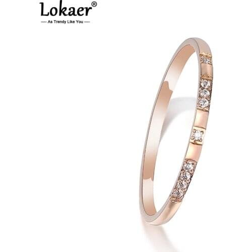 Lokaer Simple Titanium Steel Rhinestone Party Ring Trendy Mosaic CZ Crystal Rose Gold Wedding Rings Jewelry For Women R19179