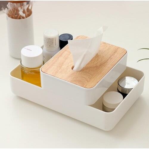 Japanese style multifunctional cosmetics storage towel tissue box plastic bottom rubber wood cover paper tissue napkin holder