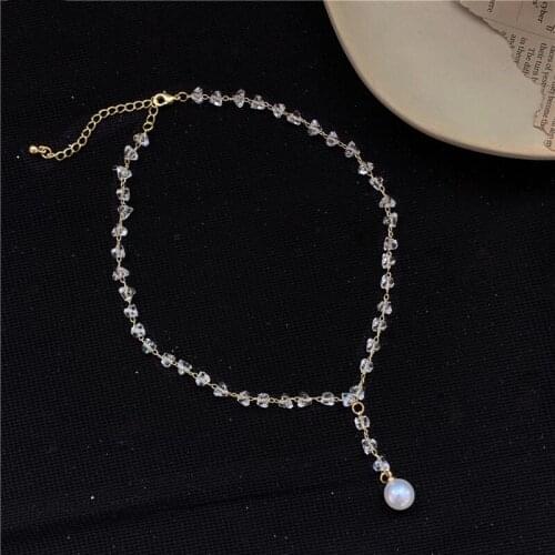 Fashion Resin Rhinestone Metal Stitching Chain Pearl Pendent Necklace Korean Simple Choker Necklace for Women Girls Jewelry Gift