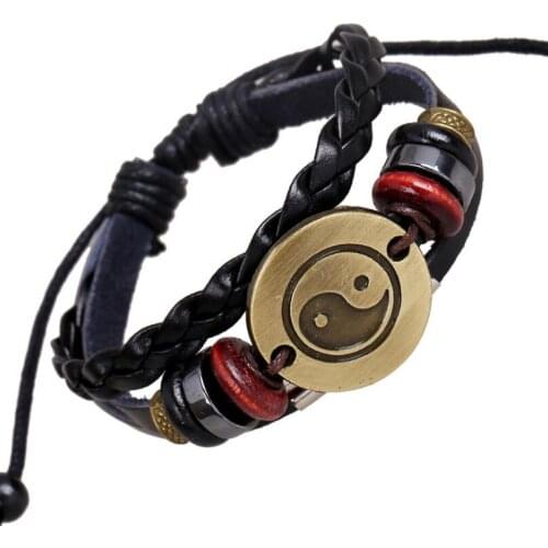 Fashion Vintage Yin Yang Tai Chi Charm Black Bracelet Retro Alloy Beads Multi-layer Weave Leather Bangle Wristbands Punk Jewelry