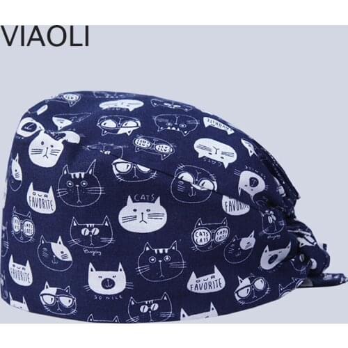 New High Quality Animal cartoon Floral printing Elastic Scrubs hat pet shop laboratory spa working hat beauty salon Scrubs Caps