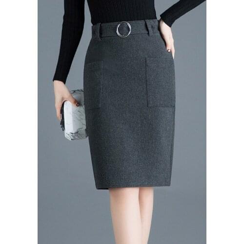 Fall Winter Fashion Office Lady Womens Placket High Waisted Grey Black Pencil Woolen Skirt , 4xl Slim Wool Skirts for Women
