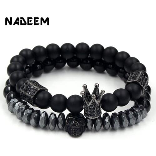 Punk Jewelry CZ Skull Skeleton Crown Charm Bracelet Hematite Stone Beads Bracelet Sets For Men Women pulseira masculina bileklik