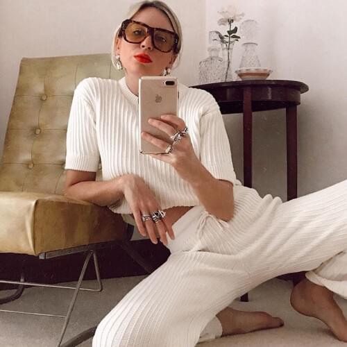 Hosen Casual 2 Stück Sets Frauen Oansatz Kurzarm T-shirt Sommer Gestrickte Patchwork Neue Zwei-stück and Kordelzug