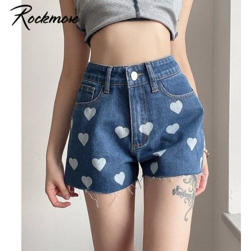 Rockmore Heart Print Casual Jeans Shorts WomenS Shorts Cotton Cute High Waist Short Denim Shorts Korean Streetwear Summer 2021