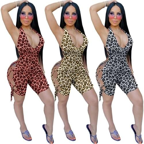 Sexy Women Leopard Bandage Halter Hollow Playsuit Short Jumpsuit