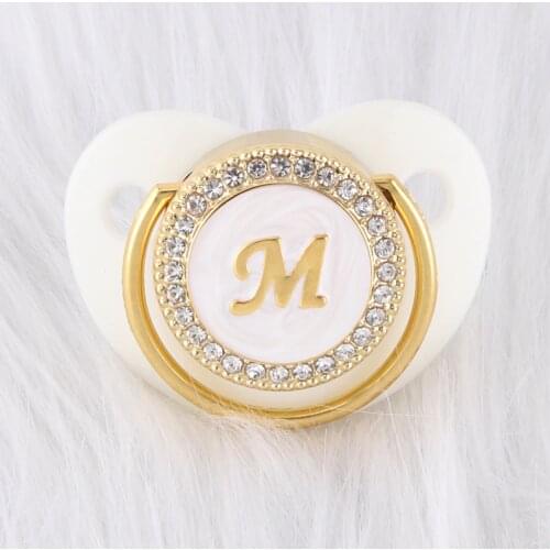 Bling Baby Pacifier With Chain Clip 26 Initials Luxury White Newborn Infant Soother Chupete Dummy Nipple For Baby Shower Gift