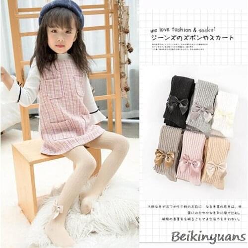 Spring and autumn new bow vertical strip pantyhose Han Fan cotton knit warm girls tights 1-5-8 years old childrens tights