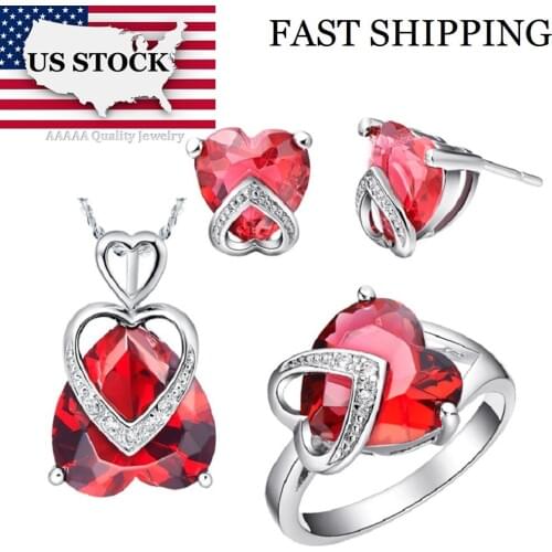 USA STOCK Uloveido Costume Jewelry Sets Love Heart Ring Necklace and Earrings Silver Color Wedding Accessories Bridal Gifts T086