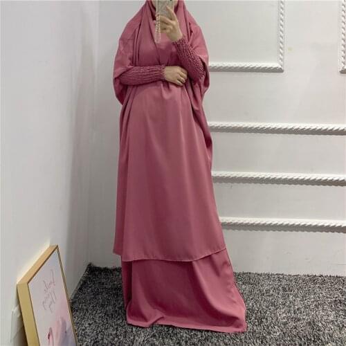 Women Muslim Prayer Garment Plain Jilbab 2 Pcs Set Long Batwing Sleeve Hooded Abaya Maxi Skirt Dubai Turk Islamic Worship Khimar