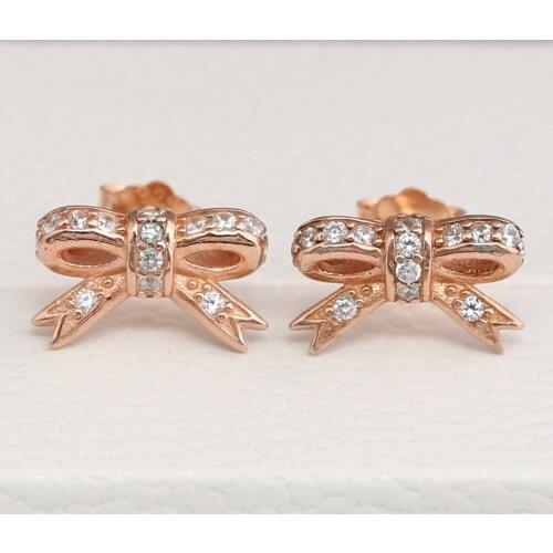 Original Rose Sparkling Bow With Crystal Hanging Studs Earring For Women 925 Sterling Silver Earring Wedding Gift Fine Jewelry