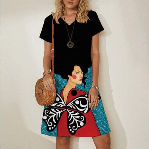 2021 Summer Women Dress Elegant V Neck Abstract Face A-Line Dress Short Sleeve Loose Maxi Dresses for Women