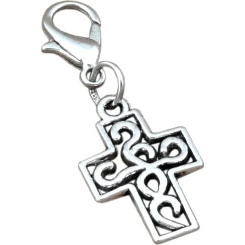 100Pcs Zinc alloy Filigree Cross Charm Bead With Lobster Casp Fit Bracelet Jewelry DIY 12.5x33mm A-279b