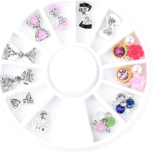 12pcs/round Shiny Diamond Bowknot Flower Crown Charm Design Craft Nails Rhinestone Wheel DIY Beauty Manicure Nail Decoration