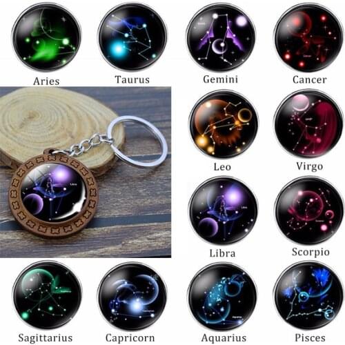 12 Zodiac Sign Keychain Astrology Jewelry Constellation Wood Art Key Chain Car Key Ring Christmas Gifts Wholesale