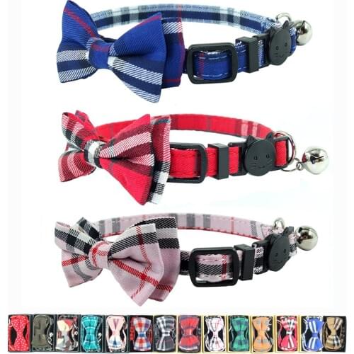 3PCS Cat Collar Breakaway Bowtie Bell Red Blue Pink Plaid Quick Release Safety Cats Kitten Puppies Collars Accessories 17-28cm