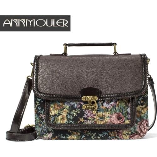 Annmouler Vintage Women Shoulder Bag Designer Handbag Purse Pu Leather Floral Crossbody Bag Fabric Retro Briefcase Bag