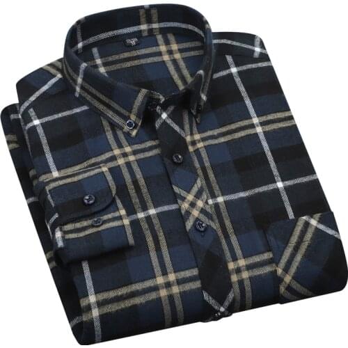 Aoliwen brand Men 100% Cotton Flannel Long Sleeve Plaid Shirt Fashion Regular Fit Checked Comfortable Button-down Casual Shirts