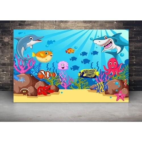 Cartoon Ocean Shark Birthday Party Seamless Vinyl Photography Backdrop Photo Background Studio Props