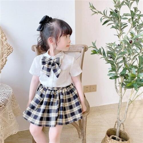DFXD Girls Clothing Sets New Summer Preppy Style White Short Sleeve Blouse Shirt Plaid Pleated Skirt Bow Tie Kids Outfit 2-8T
