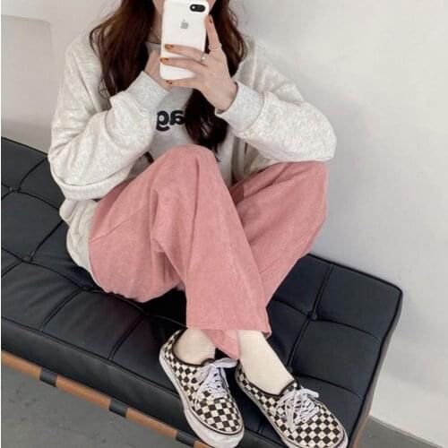Womens trousers high waist corduroy straight wide leg streetwear mothers old-fashioned loose work clothes pencil jeans