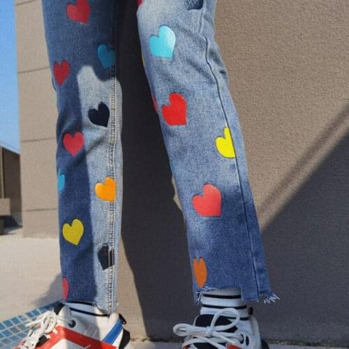 TVVOVVIN High Waist Jeans Woman Street Vintage Multi-color Heart Print Rough Edges Straight Denim Pants Women BUL8