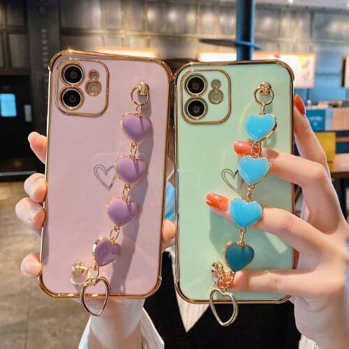 Love Heart Bracelet Phone Case For iPhone 12 Mini 12 11 Pro X XR XS Max 7 8 Plus SE 2 Luxury Electroplated Right Angle Soft TPU