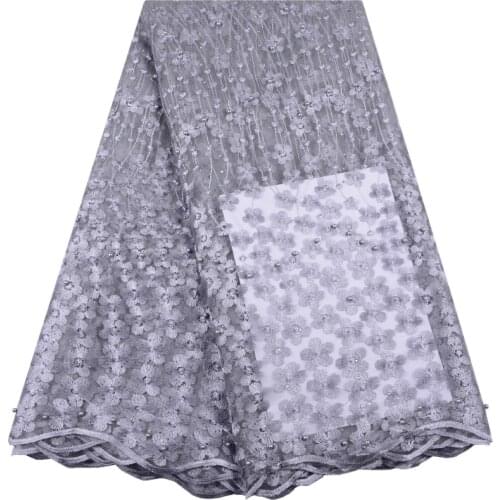 New Arrivals Gray Color African Tulle Embroidered Mesh Lace Fabrics French Net Lace With Stones For Wedding Dress S1427