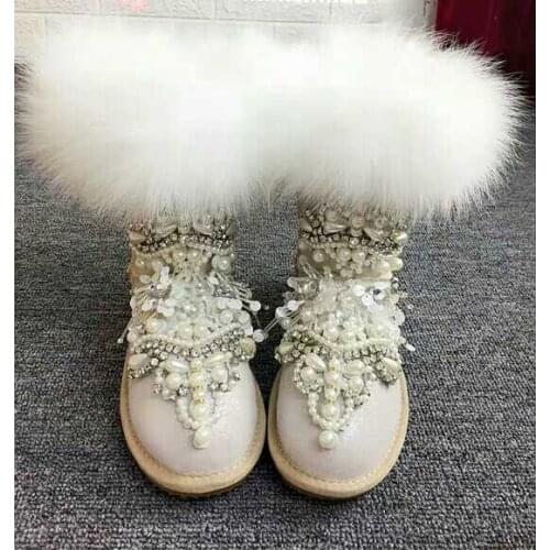 Extra large fox hair pearly gemstone leather luxury beaded fur shoes net red same boots