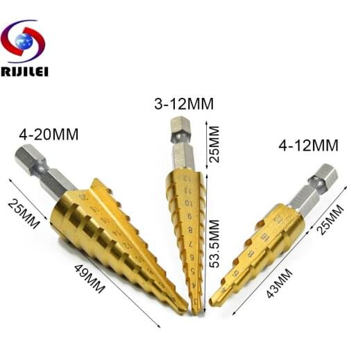 RIJILEI Power Tool Drill Bits 3Pcs Titanium Coating Spiral Flute The Pagoda Shape Hole Cutter HSS Micro Drill Drilling Step L02