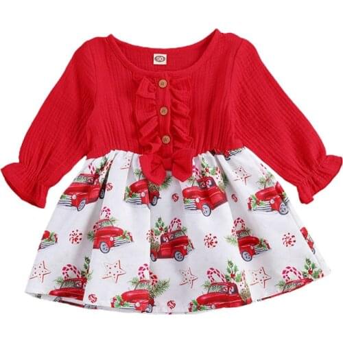 Infant Baby Girl Christmas Dress Ruffles Long Sleeve Patchwork Cartoon Car Print Spring Xmas Dress Clothing
