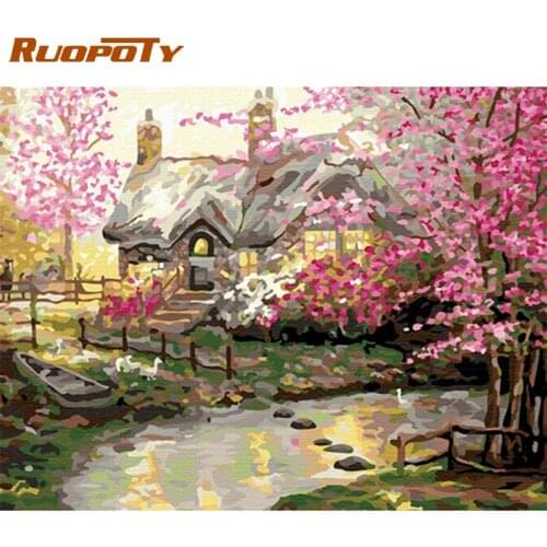 RUOPOTY Framed Picture By Numbers Kits For Kids Diy Gift Pink Flower House Landscape Painting On Canvas Acrylic Coloring Artcraf